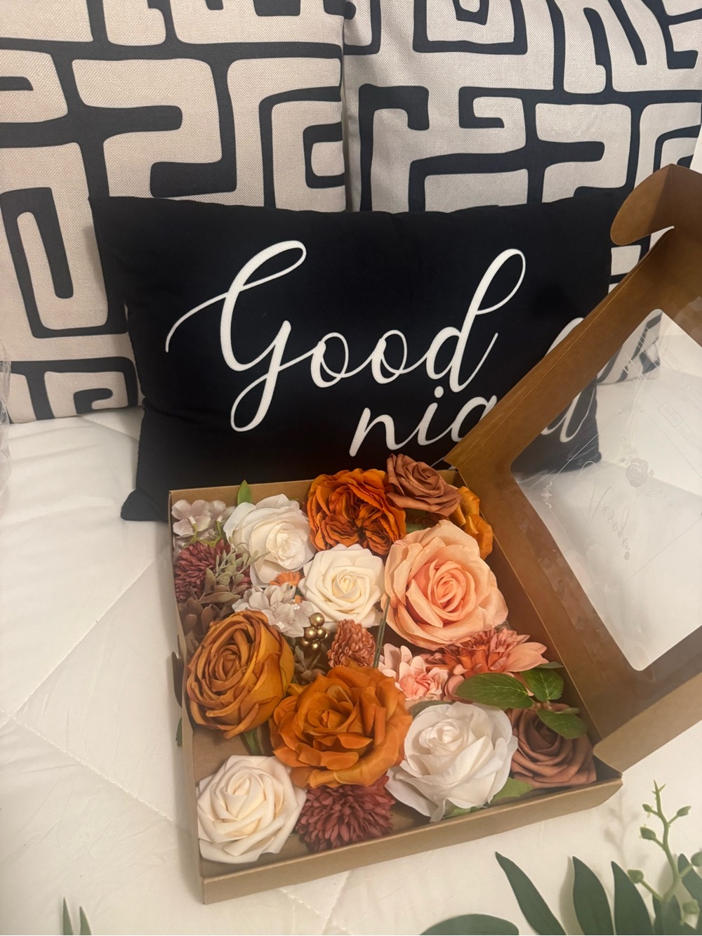 Silk Flower Box & Two Arch Arrangements in Terracotta Orange & Cream & Greenery